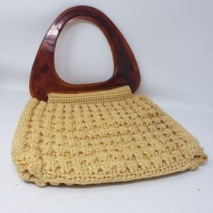POPCORN STITCH 70'S TORTOISE SHELL LUCITE HANDLES BAG PURSE VINTAGE